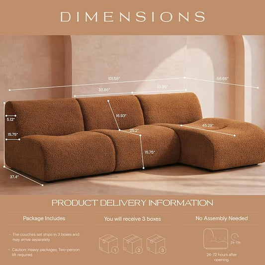 Curved Sectional Modular Couch with Chaise, Modern 106.3'' Boneless Sofa with Deep Seat, Sherpa Boucle Cloud Couch for Living Room, Cozy Teddy L-Shaped Couches，No Assembly, Brown