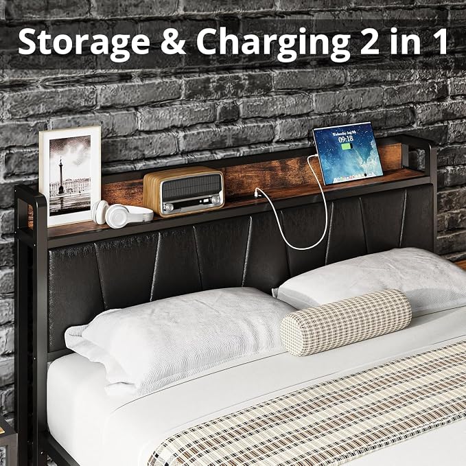 LIKIMIO Full Size Bed Frame with 2 Drawers and Charging Station | Platform Bed with Upholstered Storage Headboard, No Box Spring Needed, Easy Assembly, Sturdy, Industrial Brown and Black