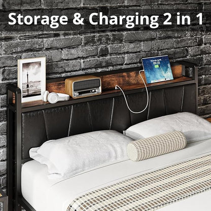 LIKIMIO Full Size Bed Frame with 2 Drawers and Charging Station | Platform Bed with Upholstered Storage Headboard, No Box Spring Needed, Easy Assembly, Sturdy, Industrial Brown and Black