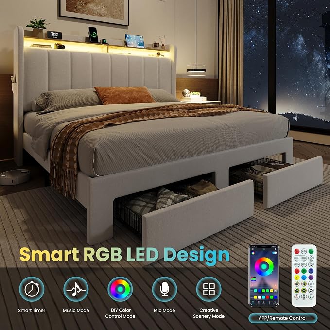 SHA CERLIN Velvet Full Size Bed Frame with Vertical Channel Tufted Wingback Headboard & 2 Storage Drawers/2-Tier Shelves with LED Lights & Charging Station/Noise-Free/No Box Spring Needed/White
