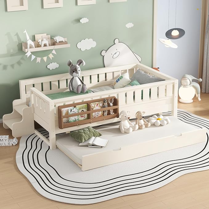 Bellemave Twin Kids Montessori Bed with Stairs, Bookshelf and Trundle, Solid Wood Kids Bed Frame with Storage for Boys Girls, Low Profile,Beige
