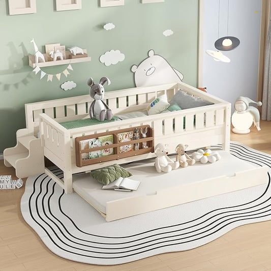 Bellemave Twin Kids Montessori Bed with Stairs, Bookshelf and Trundle, Solid Wood Kids Bed Frame with Storage for Boys Girls, Low Profile,Beige