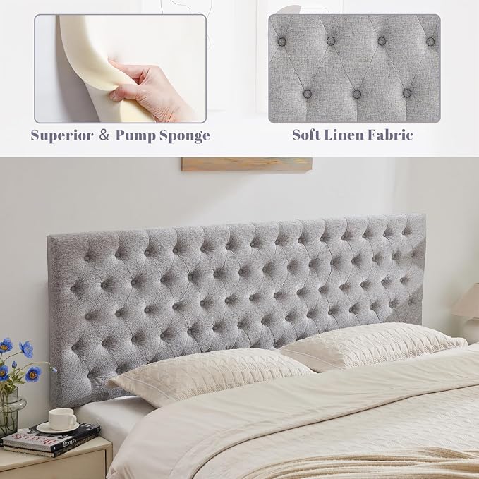Upholstered King Headboard Only, Premium Linen Button Tufted Headboards, Adjustable Solid Wood Head Board, Padded Headboard with Solid Wood Legs in Bedroom (Grey)