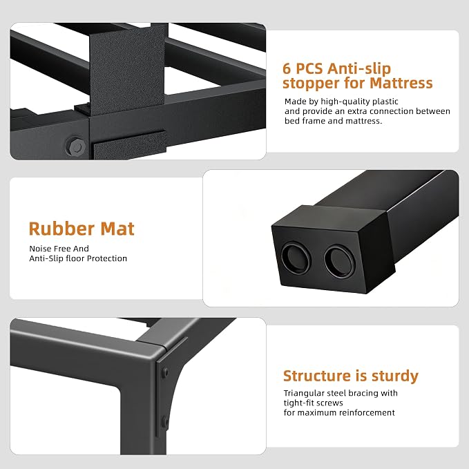Full Size Bed Frame, 14 Inch Metal Platform Bed Frames with Squeak Free U-Slot Design, 6 Non-Slip Guards, 3500lbs Heavy Duty Steel Slat Support, No Box Spring Needed, Under Bed Storage, Black