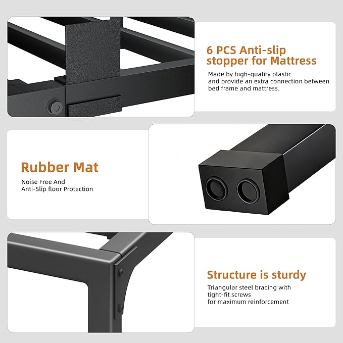Full Size Bed Frame, 6 Inch Metal Platform Bed Frames with Squeak Free U-Slot Design, 6 Non-Slip Guards, 3500lbs Heavy Duty Steel Slat Support, No Box Spring Needed, Under Bed Storage, Black