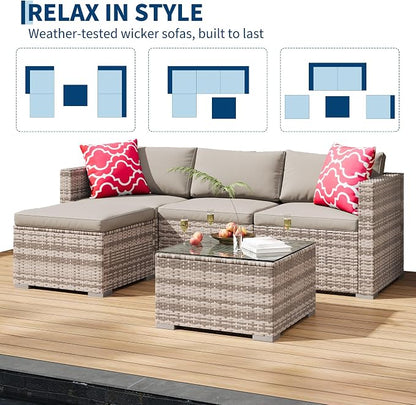 GAOMON 5-Piece All-Weather Patio Furniture Set, Convertible Outdoor Sectional Sofa with Ottoman & Tempered Glass Table, PE Rattan Conversation Set for Garden, Backyard, Porch, Poolside