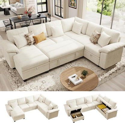 Ihanherry 108" Modular Sectional Sofa with Pull Out Bed, 7-Seater L Shaped Sectional Sleeper Couch with Storage, Chenille Convertible Couches for Living Room, Apartment (Beige)