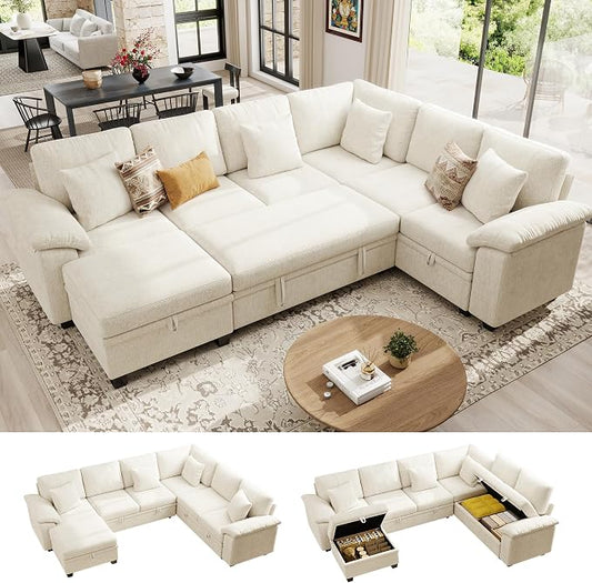 Ihanherry 108" Modular Sectional Sofa with Pull Out Bed, 7-Seater L Shaped Sectional Sleeper Couch with Storage, Chenille Convertible Couches for Living Room, Apartment (Beige)