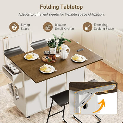 RALGEND Kitchen Island with Storage, Kitchen Rolling Island on Wheels with Power Outlet & Drop Leaf, Kitchen Island Cart with Drawer and Spice Rack, Mobile Island Table for Kitchen,White and Walnut