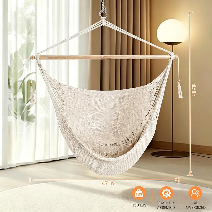 Lazy Daze Hammocks Extra Large Hanging Swing Chair, Caribbean Rope Hammock Chair with 47" Hardwood Spreader Bar and Soft-Spun Cotton Rope for Indoor, Outdoor, Backyard, Max 350 LBS, Natural