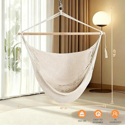 Lazy Daze Hammocks Extra Large Hanging Swing Chair, Caribbean Rope Hammock Chair with 47" Hardwood Spreader Bar and Soft-Spun Cotton Rope for Indoor, Outdoor, Backyard, Max 350 LBS, Natural