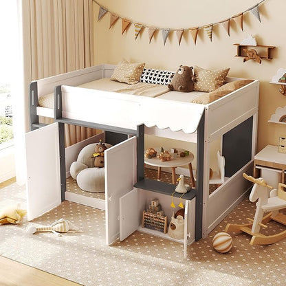 Bellemave Full Size Low loft Bed for Kids,Wood Modern Farmhouse Full Loft Bed with Storage Cabinets, No Box Spring Needed, White+Gray