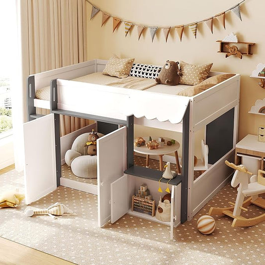 Bellemave Full Size Low loft Bed for Kids,Wood Modern Farmhouse Full Loft Bed with Storage Cabinets, No Box Spring Needed, White+Gray