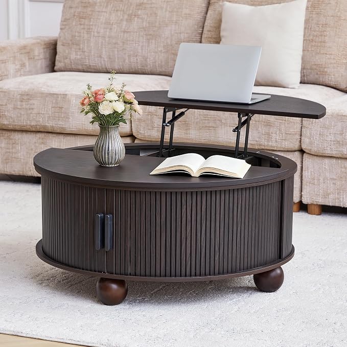 Round Lift Top Coffee Table with Hidden Storage, 33.5'' Mid-Century Fluted Coffee Table with Sliding Tambour Door Solid Wood Legs, Circle Center Table for Living Room, Small Space (Smoked Dark Brown)