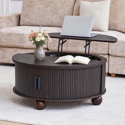 Round Lift Top Coffee Table with Hidden Storage, 33.5'' Mid-Century Fluted Coffee Table with Sliding Tambour Door Solid Wood Legs, Circle Center Table for Living Room, Small Space (Smoked Dark Brown)