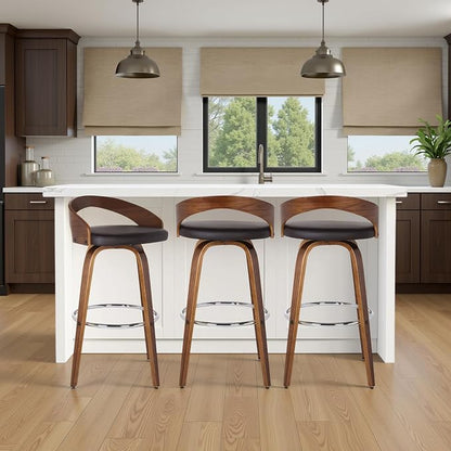 Armen Living Sonia 26" Counter Height Swivel Brown Faux Leather and Walnut Wood Bar Stool - Set of 4