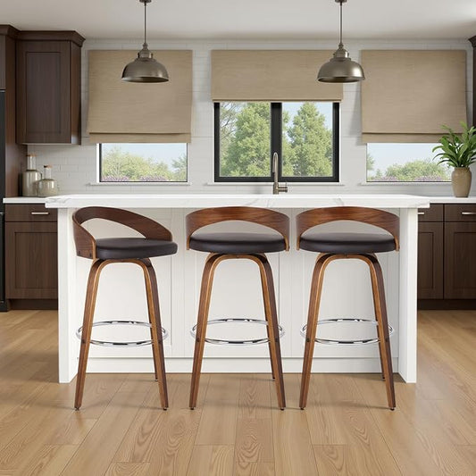 Armen Living Sonia 26" Counter Height Swivel Brown Faux Leather and Walnut Wood Bar Stool - Set of 4