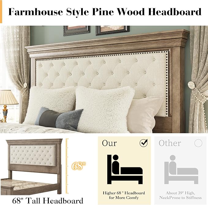 LUXOAK Solid Pine Wood King Bed Frame with 69" High Upholstered Headboard, Transitional Style Platform Bed, No Box Spring Needed & Easy Assembly, Button-Tufted Chenille Fabric, Antique Taupe