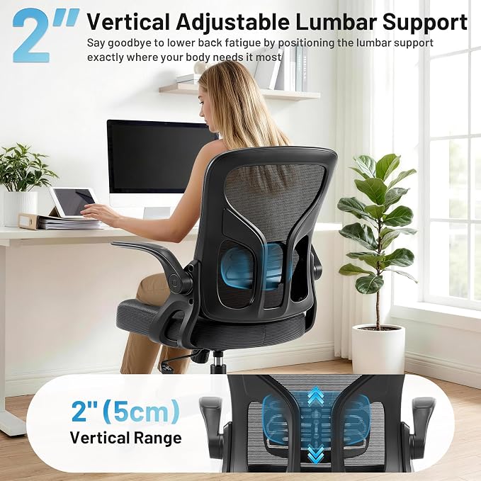 Office Chair Ergonomic Desk Chair with Adjustable Lumbar Support, High Back Breathable Mesh Chair with 120° Tilt Function & Flip-Up Armrests, Swivel Comfy Task Computer Chair for Work, Study