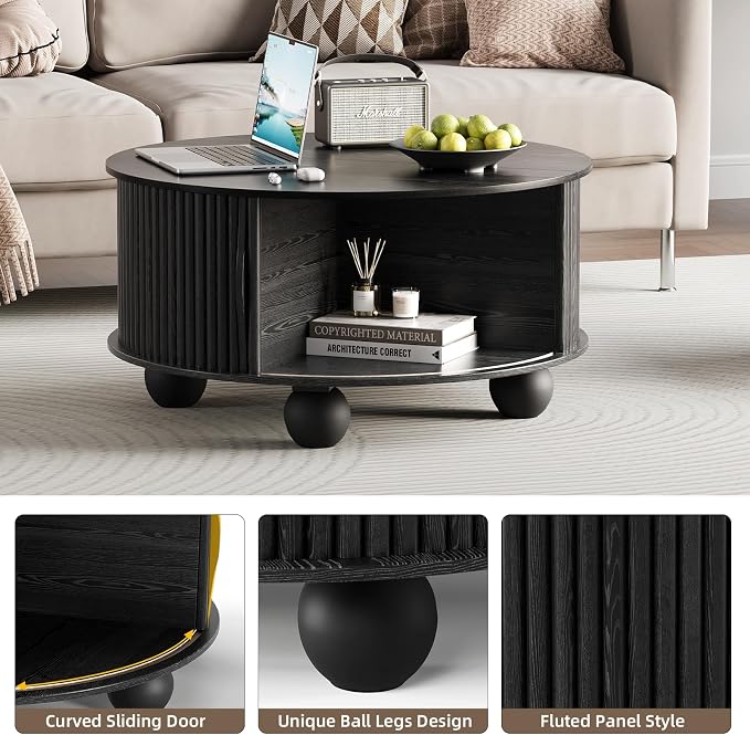 JOINICE Black Round Coffee Table with Storage, 31.5" Fluted Drum Center Table with Sliding Door, Modern Farmhouse Wood Circle Table with Bun Feet for Living Room