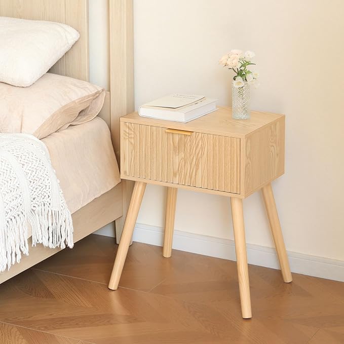 AWASEN Fluted Nightstand, Small End Tables Living Room, Wood Bedside Side Table with Storage Drawer for Bedroom and Small Space, Natural