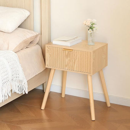 AWASEN Fluted Nightstand, Small End Tables Living Room, Wood Bedside Side Table with Storage Drawer for Bedroom and Small Space, Natural