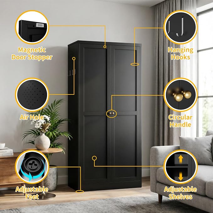 72" Metal Storage Cabinet, Large Capacity Pantry Cabinet with 6-Tier, Kitchen Storage Cabinet with 2 Doors and 5 Adjustable Shelves for Home, Kitchen, Dining, Living Room (Black)