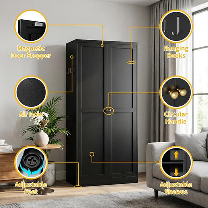 72" Metal Storage Cabinet, Large Capacity Pantry Cabinet with 6-Tier, Kitchen Storage Cabinet with 2 Doors and 5 Adjustable Shelves for Home, Kitchen, Dining, Living Room (Black)