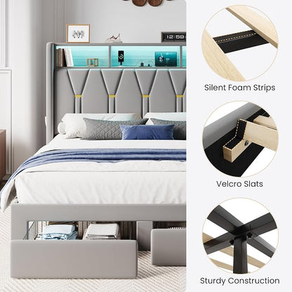 SHA CERLIN Queen Velvet Platform Bed Frame with 2 Storage Drawers, LED Storage Headboard with Charging Station, Upholstered Wingback Headboard, Noise-Free, No Box Spring Needed, Easy Assembly, Grey