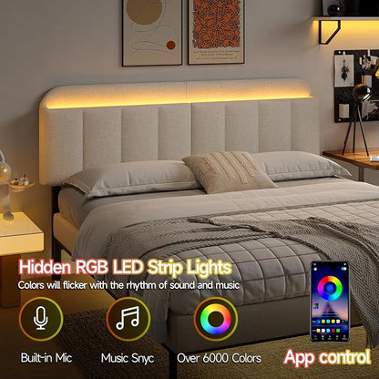 Adjustable Headboard for King/California King Size Bed Frame, Linen Fabric Bed Headboard with Storage & RGB LED Light in Modern Vertical Channel Design, White
