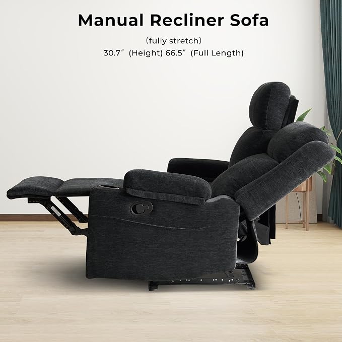 GUEAPY Large Manual Reclining Sofa – 3-Seater Chenille Reclining Couch with Cup Holders, Wide Seat, Easy Assembly & Spill-Resistant Fabric – Cozy Reclining Sofa for Living Room, Apartment, RV（Black）
