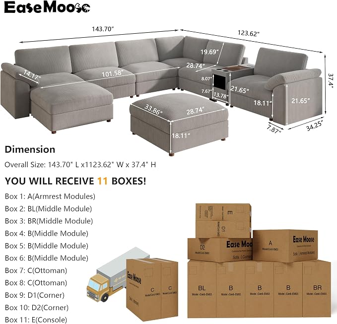 EASE MOOSE Sectional Modular Sofa, Oversized U Shape Sectional Couch Wide Deep seat Sectional Sofa, Comfortable Grey Modular Sofa,Light Gray