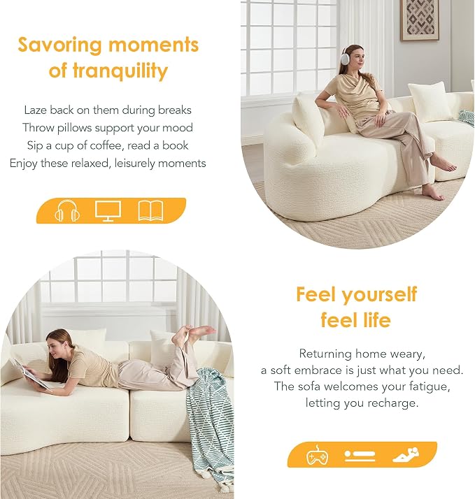 110.2" Curved Sectional Sofa,Luxury Wood Grain Chenille Fabric, Oversized Sectional Sofa,Compression Curved Couch for Living Room,No Assembly Needed (White, 110.2 Inch)