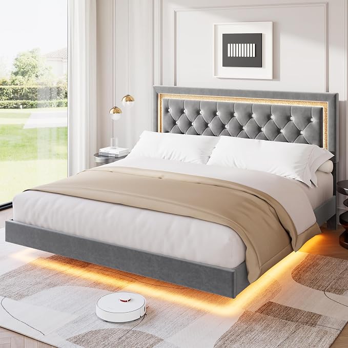 Garvee Floating Bed Frame King Size with Smart Led Lights, Upholstered Platform Bed with Diamond Headboard, Solid Wood Slats Support, No Box Spring Needed, Noise-Free, Easy Assembly, Grey