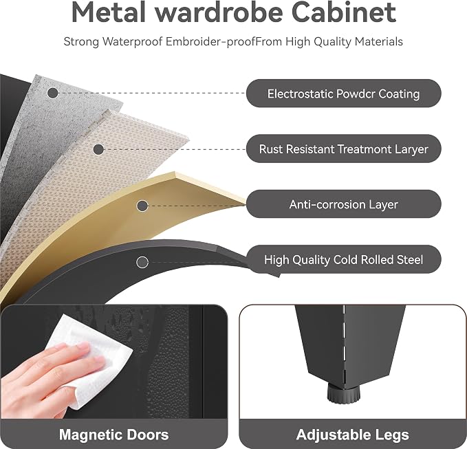YAUWOH Farmhouse Wardrobe Cabinet,Metal Wardrobe Closet with Hanging Rod,Metal Armoire with Adjustable Shelves for Bedroom,Cloak Room,Office (Black)