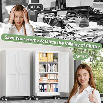 Metal Garage Storage Cabinet, 46”Tall Rolling Utility Cabinet White | storage system with Wheels, Lock, 3 Adjustable Shelves, Heavy Duty Steel Tool Locker for Home Office, Utility Room, Gym