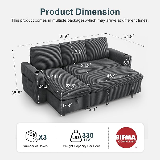 Sectional Sleeper Sofa with Pull Out Bed, Plush Corduroy Sectional Sofa with Storage Chaise and Adjustable Backrest, Cloud Sectional Couches for Living Room, Apartment, Light Grey