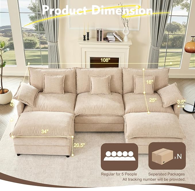 GOSUHI 108" U-Shaped Modular Cloud Couch, Chenille Flat White | Cloud Comfort, Deep Seat, Couches for Living Room, Removable&Machine-Washable Covers, Movable Ottoman, Modular Sectional Sofa