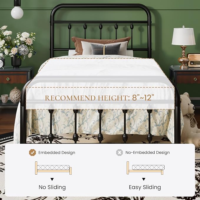 SHA CERLIN Twin Size Metal Platform Bed Frame with Victorian Style Iron-Art Headboard and Footboard, Easy Assembly, Under Bed Storage, No Box Spring Required, Black