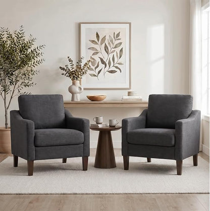 VKNOW Mid-Century Accent Chairs Set of 2, No Tools Assembly Required, Modern Upholstered Polyester Armchairs for Living Room & Bedroom, Comfortable Reading Chairs with Wood Legs, Dark Grey