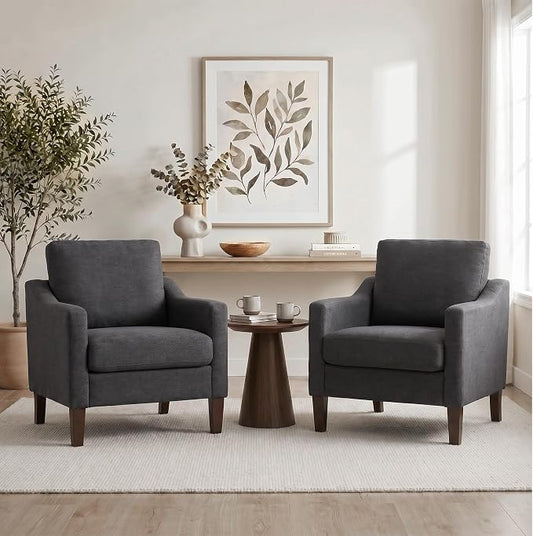 VKNOW Mid-Century Accent Chairs Set of 2, No Tools Assembly Required, Modern Upholstered Polyester Armchairs for Living Room & Bedroom, Comfortable Reading Chairs with Wood Legs, Dark Grey