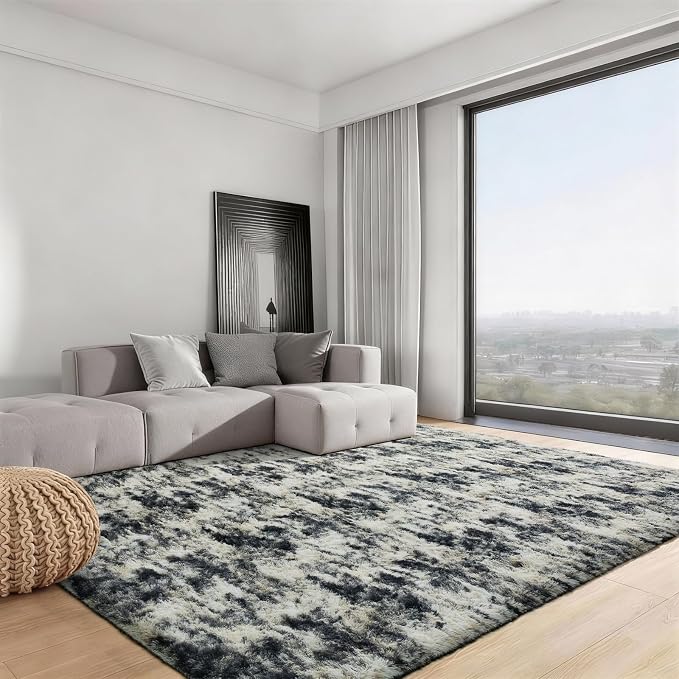 Ophanie 9x12 Black Gold and Grey Area Rugs for Living Room,Large Dark Black Gold Fluffy Shag Fuzzy Plush Soft Carpets,Floor Shaggy Rugs for Bedroom,Carpet for Boys Decor with Over 99 pcs Pile fibers