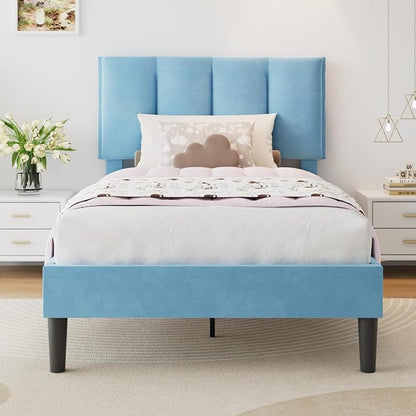 VECELO Twin Size Bed Frame with Upholstered Headboard, Heavy-Duty Bedframe with Wooden Slats & Steel Framework, Easy Assembly, Light Blue