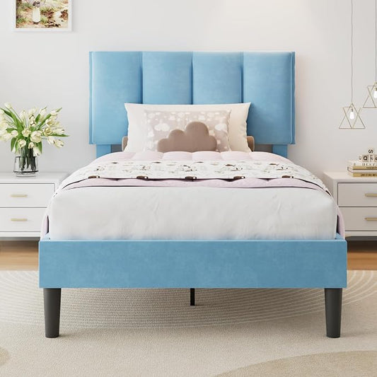 VECELO Twin Size Bed Frame with Upholstered Headboard, Heavy-Duty Bedframe with Wooden Slats & Steel Framework, Easy Assembly, Light Blue