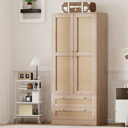 72" Tall Wardrobe Armoire Closet with Mirror, Rattan Armoire Storage Cabinet with 2 Doors and Hanging Rod, Wooden Wardrobe Closet Storage with 2 Larger Drawers and Shelves for Bedroom, Cloak Room