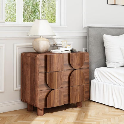 Janmer Home 3 Drawer Dresser, Modern Fluted Wood Chest of Drawers, 31.5" Wide Walnut Nightstand with Anti-Tip Device, Curved Storage Cabinet for Bedroom, Living Room, Entryway