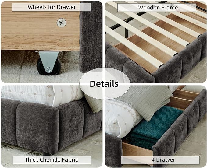 KEIKI King Thick Chenille Bed Frame with 4 Storage Drawer & Upholstered Tufted Headboard, Modern Solid Wood Floor Platform for Bedroom, No Box Spring Needed