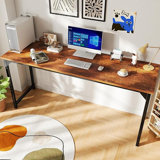 DUMOS 63 Inch Computer Office Desk Writing Gaming Study Work Large Desks for Bedroom Home Office with Metal Frame Simple Modern PC Table Workstation, Wood Brown