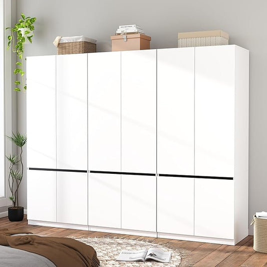Armoire Wardrobe Closet with Doors: 75" White Large Wardrobe Closet with 6 Doors, Clothes Cabinets for Bedroom Armoires with Storage, Wood Wardrobes Closets for Hanging Clothes(C+C+C, 94.5")