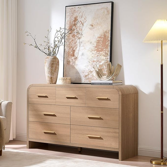 Curved 7 Drawer Dresser for Bedroom, 53.82'' Wide Chest of Drawers, Modern Storage Cabinet for Hallway & Living Room TV Stand, FSC Certified 1.18" Thick Board, 100 lbs Top Weight, Oak